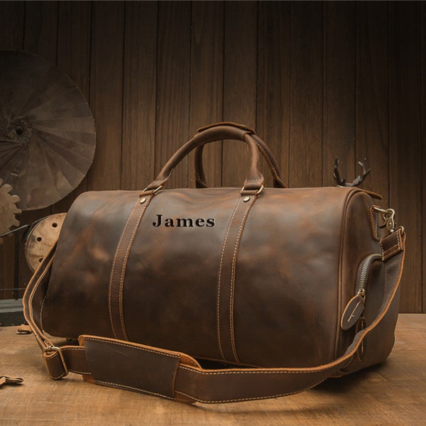Personalized Buffalo Leather Duffle Bag, Weekender Travel Gym Bag