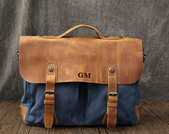 Leather & Canvas Messenger Bag, Blue, Laptop Satchel
