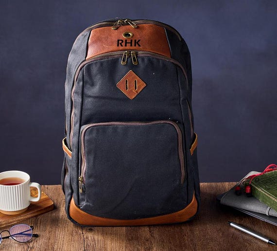 Waxed Canvas Leather Backpack, Personalized 16 inch Laptop Bag
