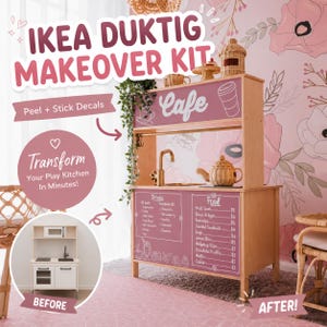 May include: A wooden play kitchen makeover kit featuring peel and stick decals with a cafe theme. The decals include a menu board with drink and food items, a cafe sign, and decorative elements. The kit transforms a plain kitchen into a cafe.
