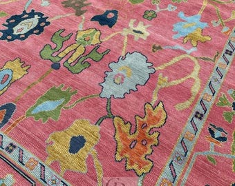 Hand Knotted Oushak Style Rug, Pink Wool Floral Oriental Living Room 4x6ft