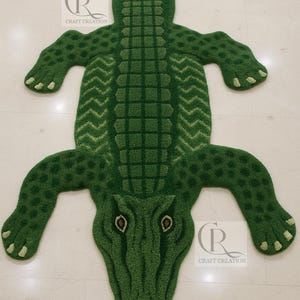 Handmade Green Crocodile Shape Wool Rug – Animal Kids Room Decor, Playroom Carpet, Unique Nursery Floor Mat, Jungle Theme Rug