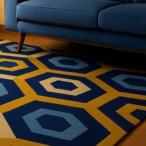 May include: A modern area rug with a geometric pattern in shades of navy blue, light blue, and yellow. The rug is placed on a wooden floor, with a navy blue sofa in the background.