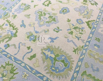 Handgeknüpfter Wollteppich | Blau Grün Pastell Teppich | Traditioneller Orientteppich | Weicher dekorativer Bodenteppich | Boho Wohnzimmer Dekor
