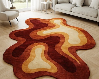 Hand-Tufted Wool & Silk Wave Rug: Burnt Orange Abstract Design