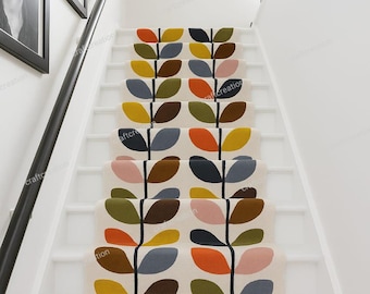 Retro Leaf Stair Runner Rug: Mid-Century Modern Style, Non-Slip