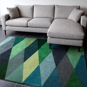 Bold Geometric Wool Rug – Handcrafted Modern Masterpiece in Emerald, Teal & Navy – Luxury Statement Carpet for Living Room or Office