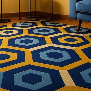 May include: A geometric patterned rug in a room setting. The rug features a repeating pattern of blue, yellow, and beige hexagons. The room has a blue armchair, a black side table, and a floor lamp.