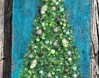Crushed Glass Christmas Tree Art: Mixed Media Resin Holiday Decor