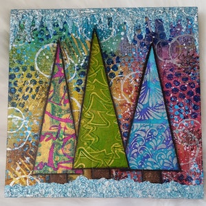 10x10 Original Winter Trees Mixed Media Collage on Wooden Panel Art