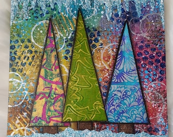 10x10 Original Winter Trees Mixed Media Collage on Wooden Panel Art