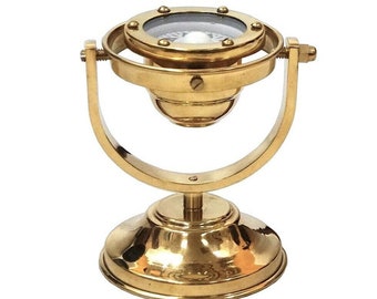 Nautical Antique Brass Gimble Compass Wood Base Maritime Collectible Gift
