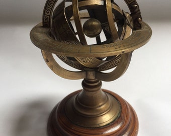 Nautical Antique Armillary Brass Desktop Globe Sphere Wooden Base Vintage Astrolabe