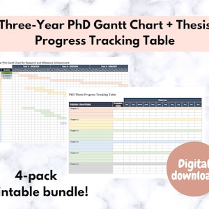 May include: A printable 4-pack bundle of PhD Gantt charts and thesis progress tracking tables. The charts are colour-coded and include sections for research, milestones, and thesis chapters. The text on the image reads "Three-Year PhD Gantt Chart + Thesis Progress Tracking Table" and "4-pack printable bundle!"