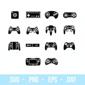 May include: A collection of black and white illustrations of various video game controllers. The image includes controllers of different shapes and designs, including a square button, a rectangular controller, and several gamepad styles. The bottom of the image includes the text: .SVG * .PNG * .EPS * .DXF.