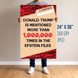 Puede incluir: Un póster con el texto "DONALD TRUMP ES MENCIONADO MÁS DE 1.000.000 DE VECES EN LOS ARCHIVOS DE EPSTEIN." El póster mide 61 cm x 91 cm y presenta un diseño de carpeta con el nombre "J. EPSTEIN" en la parte superior.