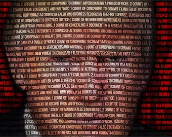 May include: A red and white text overlay on a blurry image of a person's face. The text lists multiple counts of conspiracy to commit various crimes, including false statements, impersonating a public officer, and filing false documents. The text also includes the location "New York// 34 counts".