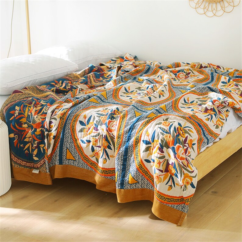 Flower Throw Blanket Bohemian Throw Blanket Flower Jacquard Etsy