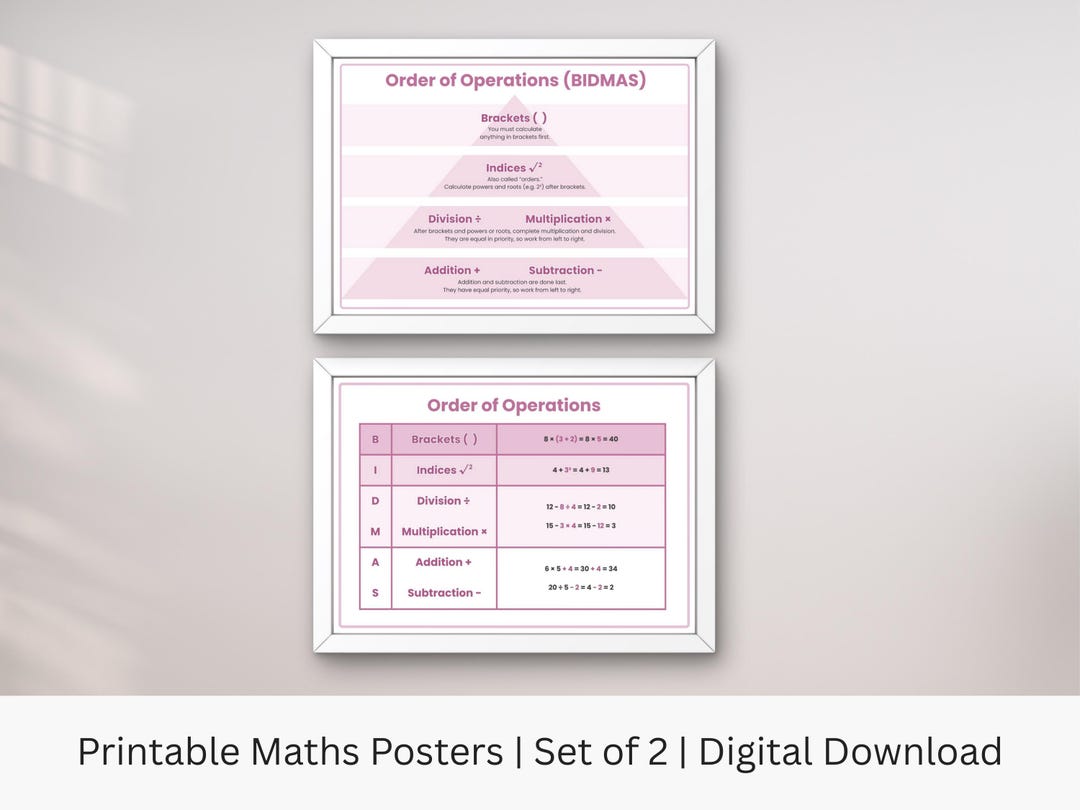 Order of Operations (BIDMAS) Posters | Pink Maths Reference Charts ...
