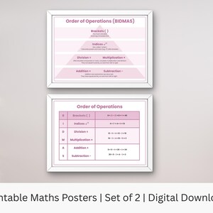 May include: Two framed math posters with white borders. The top poster displays the order of operations (BIDMAS) in a pyramid format, with pink text on a white background. The bottom poster shows the order of operations in a table format. The text "Printable Maths Posters | Set of 2 | Digital Download" is at the bottom.