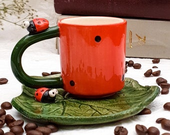 Handmade Ladybug Turkish Coffee Mug and Plate - Add a Playful Element to Your Coffee Breaks - Coffee Lovers Gift - Cute Espresso Cup