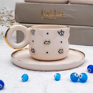 Taza de café turca Evil Eye - Oro de 24K - Taza de café de cerámica hecha a mano - Taza de café turca Nazar - Regalo de bienvenida