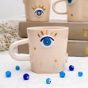 Large Evil Eye Tea Mug - 240ML - Ceramic Coffee Mug Handmade - Handmade Tea Mug - Mother&#39;s Day Gift - Spiritual Person Gift