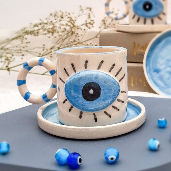 Small Evil Eye Mug Blue White - 120ML - Ceramic Espresso Cup with Plate - Ceramic Mug Handmade Pottery - Evil Eye Protection - New Home Gift