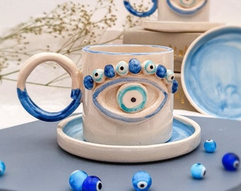 Tazza da caffè turco Blue and White Evil Eye - 100ML - Tazza in ceramica unica - Tazza in ceramica Ceramica fatta a mano - Protezione per gli occhi malvagi - Regalo da cucina