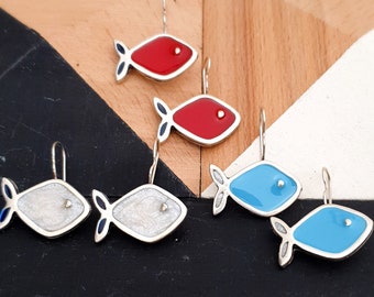 Fish Earrings, Sterling Silver Plated Fish Earrings, Enamel Earrings Handmade, Silver Plated Enamel Earrings, Brass Earrings