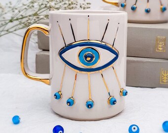 Large Evil Eye Mug - 24K Gold Ceramic Beer Mug - 400-450ML - Handmade Tea Mug - Big Tea Mug - New Home Gift