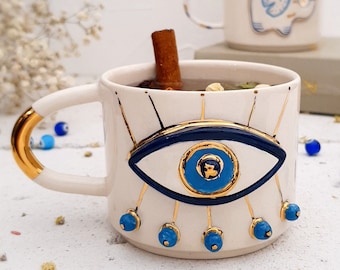 Large Evil Eye Mug, 24K Gold Plated Ceramic Mug , Handmade Coffee Mug, Gift For Mom, Spiritual Gift, Home Decor, Evil Eye Protection