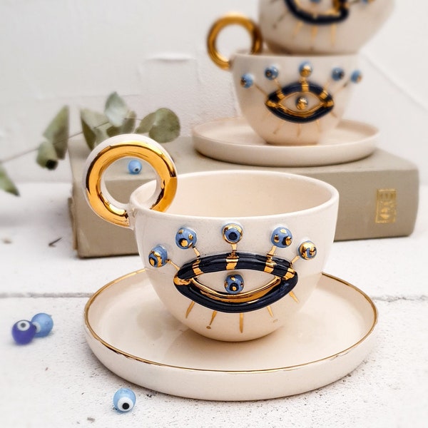 24K Real Gold Handmade Evil Eye Coffee Mug, Gifts for Tea Lovers, Evil Eye Mug with Plate, Coffee Mug Pottery Handmade