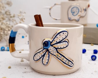 Large Dragonfly Mug, Ceramic Mug Handmade Pottery, Handmade Coffee Mug, Spiritual Gift, 24K Gold Plated Pottery Mug, Housewarming Gift