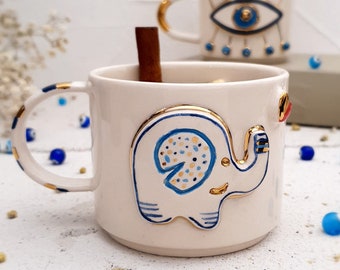 Large Elephant Mug, Ceramic Coffee Mug Handmade, Handmade Tea Mug, 24K Gold Plated Pottery Mug, Housewarming Gift, Girlfriend gift