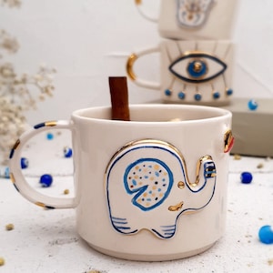 Large Elephant Mug, Ceramic Coffee Mug Handmade, Handmade Tea Mug, 24K Gold Plated Pottery Mug, Housewarming Gift, Girlfriend gift