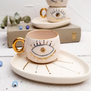 24K Gold Evil Eye Mug with Plate - Turkish Coffee Mug - Tea Mug Handmade - Coffee Mug Pottery Handmade - Spiritual Gift - Evil Eye Pottery