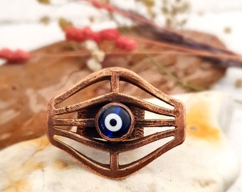 Copper Evil Eye Ring, Adjustable Evil Eye Ring, Unique Copper Evil Eye Ring, Christmas Gift Ideas for Friends, Boho Copper Ring