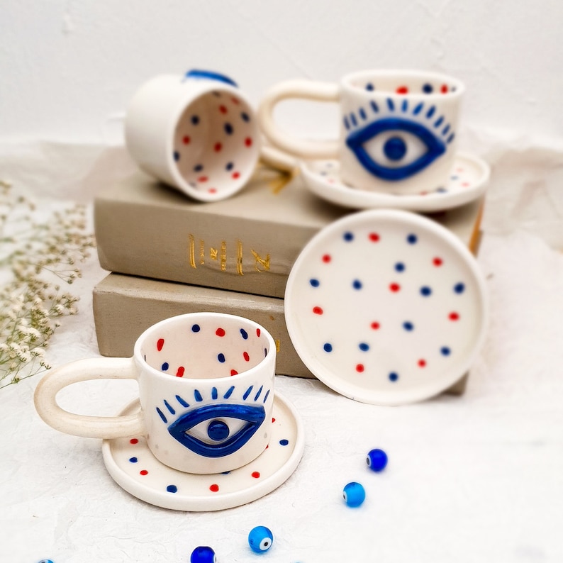 Evil Eye Turkish Coffee Cup with Plate 100ML Turkish Traditional Mug Ceramic Mug Handmade Pottery Evil Eye Protection image 5