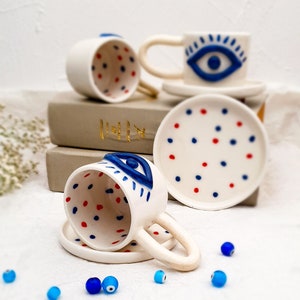 Evil Eye Turkish Coffee Cup with Plate 100ML Turkish Traditional Mug Ceramic Mug Handmade Pottery Evil Eye Protection image 4