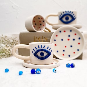 Evil Eye Turkish Coffee Cup with Plate 100ML Turkish Traditional Mug Ceramic Mug Handmade Pottery Evil Eye Protection image 1
