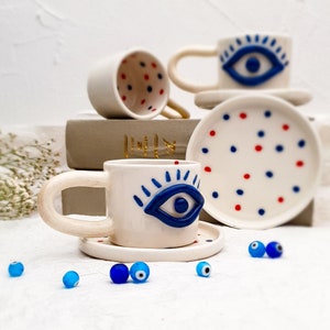 Evil Eye Turkish Coffee Cup with Plate 100ML Turkish Traditional Mug Ceramic Mug Handmade Pottery Evil Eye Protection image 2