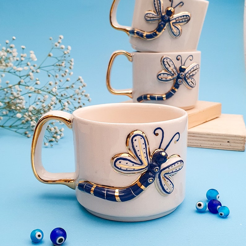 24K Gold Dragonfly Coffee Mug Gifts for Tea Lovers Kitchen Gift Ideas Handmade Ceramic Mug Dragon Fly Art image 2