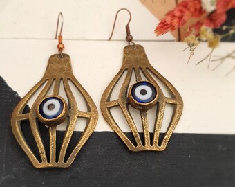 Evil Eye Earrings, Evil Eye Jewelry, Evil Eye Handmade, Brass Dangle Earrings, Evil Eye Earrings, Valentines Gift, Vintage Style Earrings