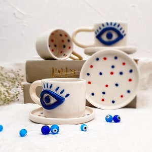 Evil Eye Turkish Coffee Cup with Plate 100ML Turkish Traditional Mug Ceramic Mug Handmade Pottery Evil Eye Protection image 3