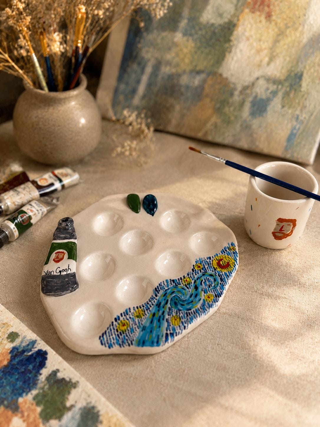 Hand Painted Ceramic Palette - Unique Artist Palette, Handmade Pottery Paint Palette, Art Studio Decor, Creative Gift for Artists