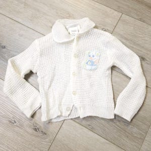 Vtg Infant Crocheted White Knit Button Up Sweater Cardigan Teddy Bear Patch 0/6M