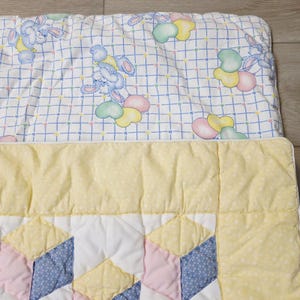 Vtg 50's Patchwork Crib Quilt Infant Toddler Blue Bunny Rabbits Balloons Blanket