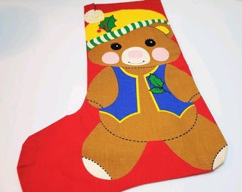 Media navideña de osito de peluche con panel de tela acabado a mano vintage