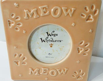 VTG Wags Whiskers Perzik Oranje Keramische Fotolijst Decor Kitty Cat Meow